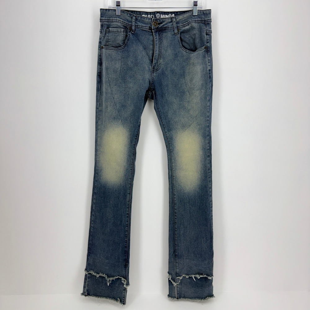 Rebel Minds Mens 32x38 Slim Straight Jeans Blue Faded Raw Frayed Double‎ Hem